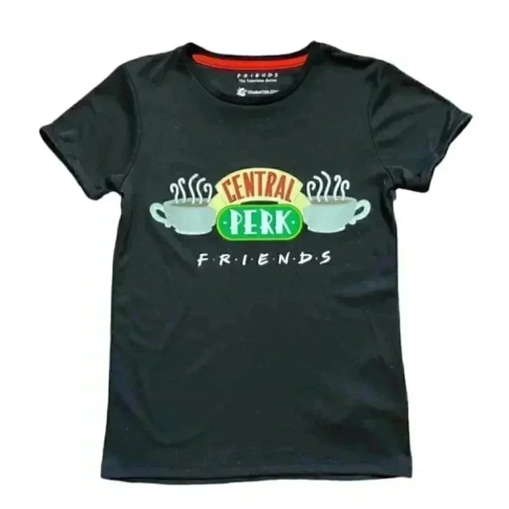 Friends T-Shirt Central Perk Graphic Print Cropped Fitted Y2K Baby Tee Black XS